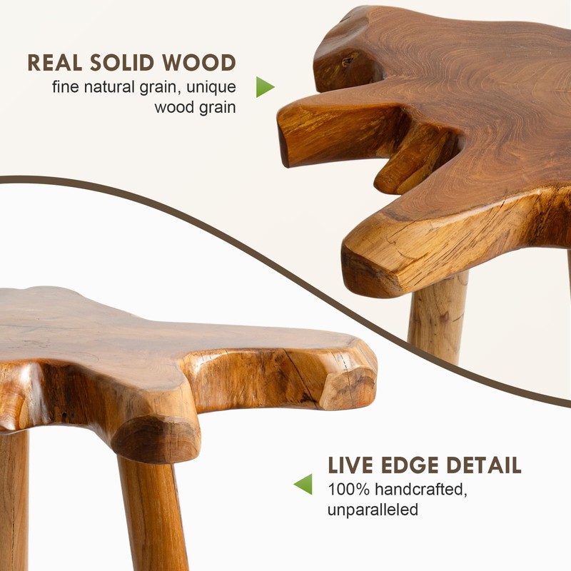 JOLLYMER Natural Teak Wood Live Edge Side Table with Wood