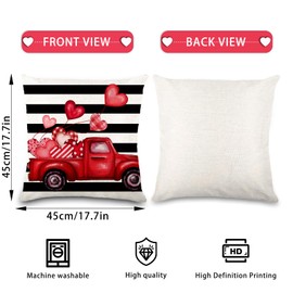 DIYDEC 4 Pcs Valentines Pillow Covers 18x18 Inches Red Dwarfs Truck Valentines Decorative Pillows Stripe Valentines Wedding Anniversary Holiday Home Throw Pillow Cases Decoration for Sofa Couch