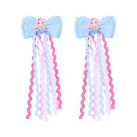 Usakinon Girls Hair Clips Mermaid Bow with Dangling Ribbons, 2 Pieces Sets, Pink Blue Purple, Party School Accessories (Blue)