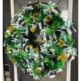 XL Fun Green Bling St. Patrick's Day Deco Mesh Front Door Wreath, Shamrocks Clover,Porch Patio Yard Art Decor, Wall Decoration, Indoor Outdoor