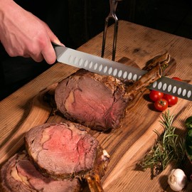 Kessaku 12-Inch Carving Slicing Knife & 7-Inch Meat Fork Set - Dynasty Series - Forged ThyssenKrupp German HC Steel Granton Edge - G10 Resin Full Tang Handle with Blade Guard