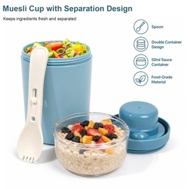 AiQInu Contenitore per Cereali Portatile con Cucchiaio e Salsiera, Vaso per Yogurt a Prova di Perdite, Ideale per Uscite, Lavoro, Scuola, Picnic, Contenitore per Cereali, 450ml+250ml (Blu)
