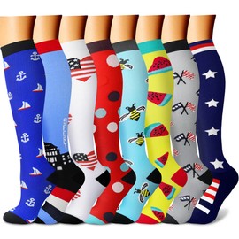 CHARMKING - Calcetines de compresión para hombres y mujeres (8 pares) de 15 a 20 mmHg son el mejor soporte para atletismo, correr, ciclismo, 03 Azul/Blanco/Azul Marino/Rojo/Azul Cielo/Amarillo/Gris, Grande - extra grande