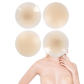 Famiredo 2 Pairs Reusable Invisible Sticky Nipple Covers with Travel Box, Adhesive Petals Pasties Silicone Bra for Dress (Round-Nude)