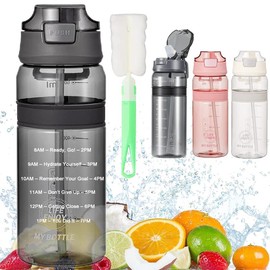 quancifang Water Bottle with Straw, Water Bottle with Time Marking, BPA-Free Sports Bottle, Leak-Proof Bicycle Bottle for Children, Gym, Camping, Fitness, Outdoor, Cycling, School (850 ml, Frost Grey)