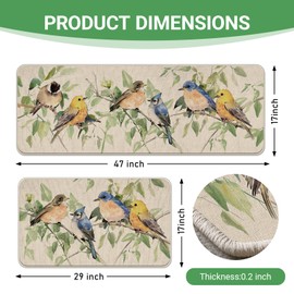 Livcoz Spring Summer Watercolor Birds Kitchen Rugs Set of 2, Bluebird Blue Jay Goldfinch Chickadee Leaves Kitchen Mats Decor, Seasonal Floor Door Mat Home Decorations - 17x29 and 17x47 Inch