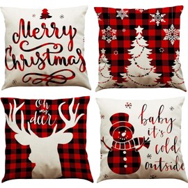 ALINK Pack of 4 Christmas Cushion Covers, Merry Christmas, Red Decorative Cushion Cover, Cotton Linen Christmas Decoration Cushion Cover, 45 x 45 cm