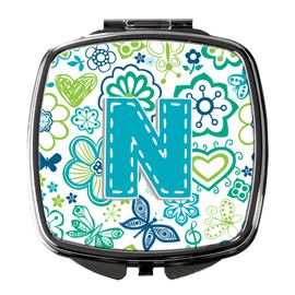Caroline's Treasures Letter N Flowers and Butterflies Teal Blue Compact Travel Mirrors, Multicolor