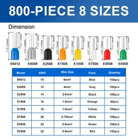 Baomain 800pcs Tinned Copper Crimp Connectors Kit, AWG 22-10 Insulated Ferrules, 7 Sizes 8 Colors