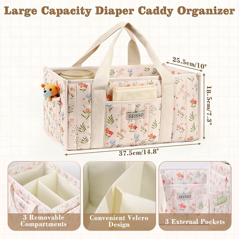 SEISSO Diaper Caddy Organizer with Handle, Portable Baby Gift Basket,