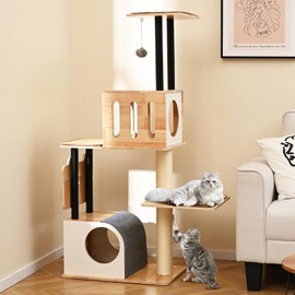 Tangkula Modern Cat Tree, Tall Multi-Level Cat Tower with Double Condos, Jumping Platforms, Dangling Balls, Sisal Carpets & Scratching Posts, Wood Cat Tree Tower for Indoor Cats