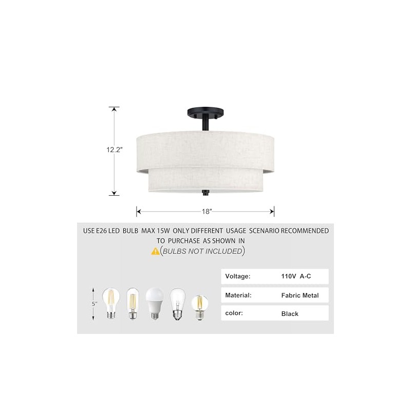 Leading Lighting 18 Inch Double Drum Linen Fabric Shade Black