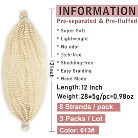12 Inch 3 Packs Pre-Separated Springy Afro Twist Hair Pre Fluffed Wrapping Hair For Soft Locs Blonde Spring Twist Hair Natural Marley Twist Braiding Hair Synthetic Extension (12 Inch 3Pcs,613#)