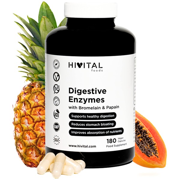 Digestive Enzymes 180 Vegan Capsules for 6 Months Amylase, Protease, Lactase, Cellulase, Bromelain and Papain Improve Digestion and Reduce Bloating