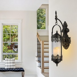 RONGHUAFUGUI Rustic Candle Sconce with Glass Vintage Antique Gothic Hanging Lantern Candle Holder Retro Indoor Outdoor Mid Centry Wall Décor Sconce for Fireplace, Hallway, Living Room, Porch, Patio