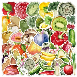 50 Pcs Watercolor Fruits & Vegetables Stickers for Phone,Guitar,Laptop,Skateboard,Luggage,Bicycle,Nordic Style Stickers Waterproof Vinyl,Graffiti Decorate for Teens Girls Boys Child Motivate Gift