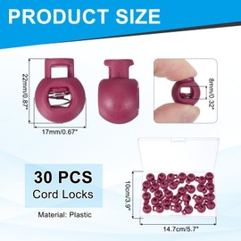 PATIKIL Round Cord Lock, 30 Pcs Plastic Single Hole Spring Loaded Toggle Stoppers Adjustable Sliding Draw String Clip Ends Clamp with Box for Drawstring Paracord Shoelaces, Dark Red