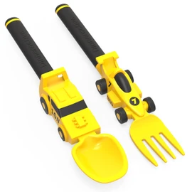 Dinneractive Utensil Set for Kids – Yellow Race Car Themed Fork and Spoon for Toddlers and Young Children – 2-Piece Set