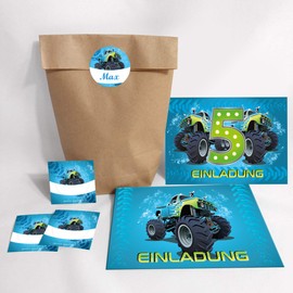 Set of 10 Invitation Cards, Envelopes, Bags, Natural, 5th Birthday Stickers Kids Boy Monster Truck Blue Monster Truck Car Invitations Fifth Children's Birthday Party for Boys