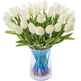 JOEJISN 30pcs Artificial Tulips Flowers Real Touch Tulips Fake Holland PU Tulip Bouquet Latex Flower White Tulip for Wedding Party Office Home Kitchen Decoration (Milk White)