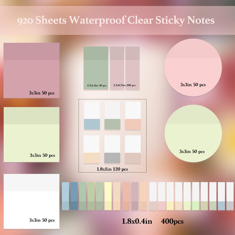 Transparent Sticky Notes,920 Sheets Waterproof Clear Sticky Notes,Clear Post It