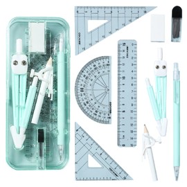 Finehome School Compass, Ruler Set, 9-Piece Set, Protractor, Compass, Triangle Ruler, Elementary School Students, Middle School Students, Clear Case Included (Green)