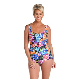 Maxine Of Hollywood Women's Standard Shirred Front Girl Leg One Piece Swimsuit, Indigo//Botanic Garden