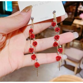 Red Rose 3D Flower Drop Earrings -CZ Sparkling Crystal Rhinestone Fashion Declaration Pendant Earrings Purple Long-flowing Tassel Party Gift for Women-2