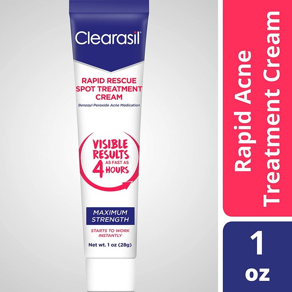 Clearasil Rapid Rescue Spot Treatment Cream, Maximum Strength-Medicated Benzoyl Peroxide Acne Treatment, Visible Results As Fast As 4 Hours, Keeps Treating Pimples After Use, 1 oz.