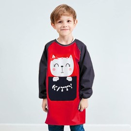 HIQUACC Kids Waterproof Art Smock with Long Sleeves - Graffiti Painting Crafting Apron for Toddlers Children (Red-L)