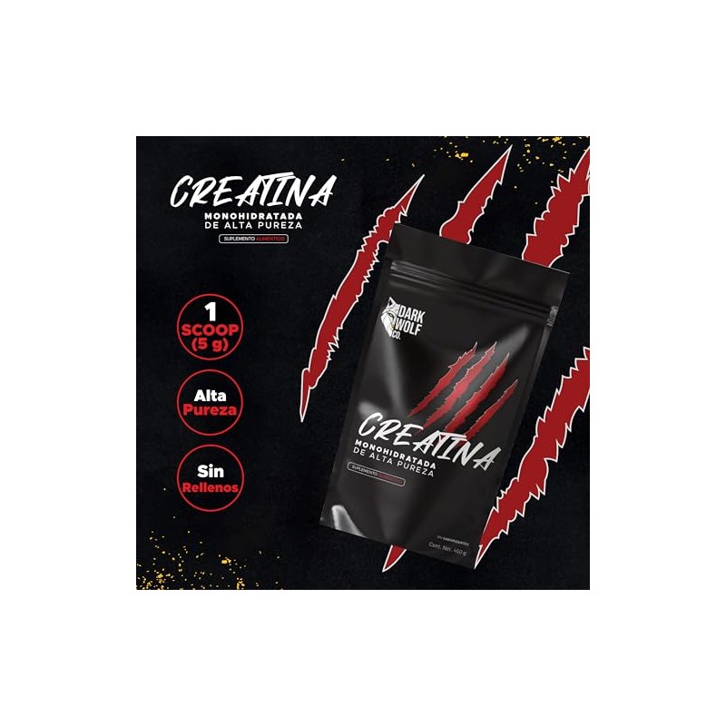 Creatina Monohidratada Dark Wolf, Alta Pureza, 100% Natural, Sin OGM,