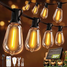 Guirnalda de luces solares para exteriores, impermeables, con control remoto y temporizador, bombillas LED ST38 inastillables, luces de patio con alimentación USB y energía solar para patio