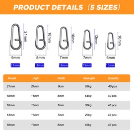 EWEIS 200 Pcs Power Oval Split Rings Fishing with Alloy Reinforced Material, Upgrade Triple Strength Speed Clips for Lures, Stainless Steel Fishing Fishing Wwivels & Snaps（5 Sizes，21/18/16/13/10mm）