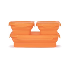 Drip EZ Secondz Collapsible Food Storage Containers (set of 3) - Meal Prep, Leftovers, Lunch, Camping, Hiking - Dishwasher & Microwave Safe - BPA-free Silicone - Locking Lids - Orange