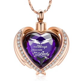 Imrsanl Cremation Jewelry Angel Wing Heart Urn Pendant Necklaces for Women Crystal Birthstone Urns for Human Ashes Memorial Locket Keepsake Ashes Jewelry (Rose P-Wings)
