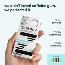 ZENERGY Energy Gum - Mint Flavor | 50mg Caffeine + 35% B6 and 45% B12 Vitamin | Vegan, 0 Sugar, 0 Calories, 0 Gluten, 0 Aspartame, Non-GMO, Instant Action | 3 Pack = 24 Count