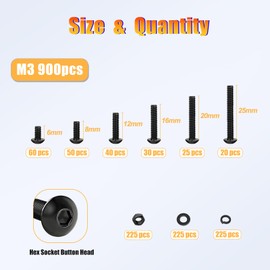 Kadrick 900Pcs M3 Screw Assortment,Machine Screws with Nuts Washers, Grade 10.9 Alloy Steel Hex Socket Button Head Black M3 Bolts Kit,Lenth Form 6mm-25mm
