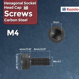 Kozelo 100pcs Socket Head Cap Screws - [M4-0.7 x 8mm] Alloy Steel Black Oxide Grade 12.9 Internal Hex Screw for 3D Printer Furniture Industrial Use, Black