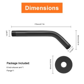 HarJue Brazo de ducha con brida y cinta de teflón, brazo de tubo de ducha montado en la pared, brazo de extensión de acero inoxidable 304 para cabezal de ducha fijo y cabezal de ducha de mano (6 pulgadas, negro mate)