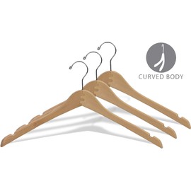 The Great American Hanger Company Curved Wood Top Hanger, Box of 100 17 Inch Wooden Hangers w/Natural Finish & Chrome Swivel Hook & Notches for Shirt Jacket or Coat