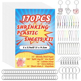 yyoemas 170 PCS Shrinky Dink Keychain Kit,Shrinky Dink Kit with 15 Shrinky Dink Sheets,Ear Hook,Bead Chain,Corn Buttons,Lobster Clasp,Split Ring and Keychains for Crafts Jewelry Making DIY,20x14.5cm