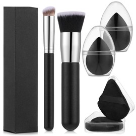 6Pcs Foundation Brush for Liquid Makeup,Liquid Foundation Brush with Makeup Sponge and Powder Puff for Foundation, Powder, Blush, and Concealer