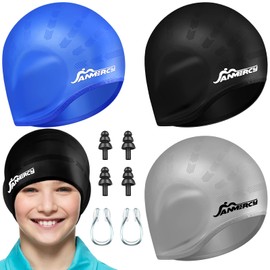 3 gorras de natación para niños con bolsillo en las orejas 3D, gorras de natación de silicona con 2 pares de tapones para los oídos, clip de nariz para mujeres, hombres, adolescentes (negro, azul,