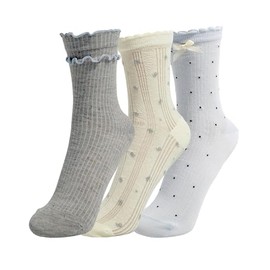 LEBOOBELL Womens Mid Tube Socks 3 Pairs Cute Bow Soft Thin Breathable Crew Socks Spring Summer,One Size Fits Most (US 5-9), Casual & Workout(Beige & Grey & Blue)