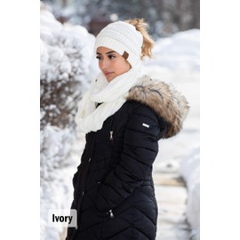 Funky Junque Messy Bun Beanie Tail Matching Scarf Bundle Set - Ivory (Confetti)