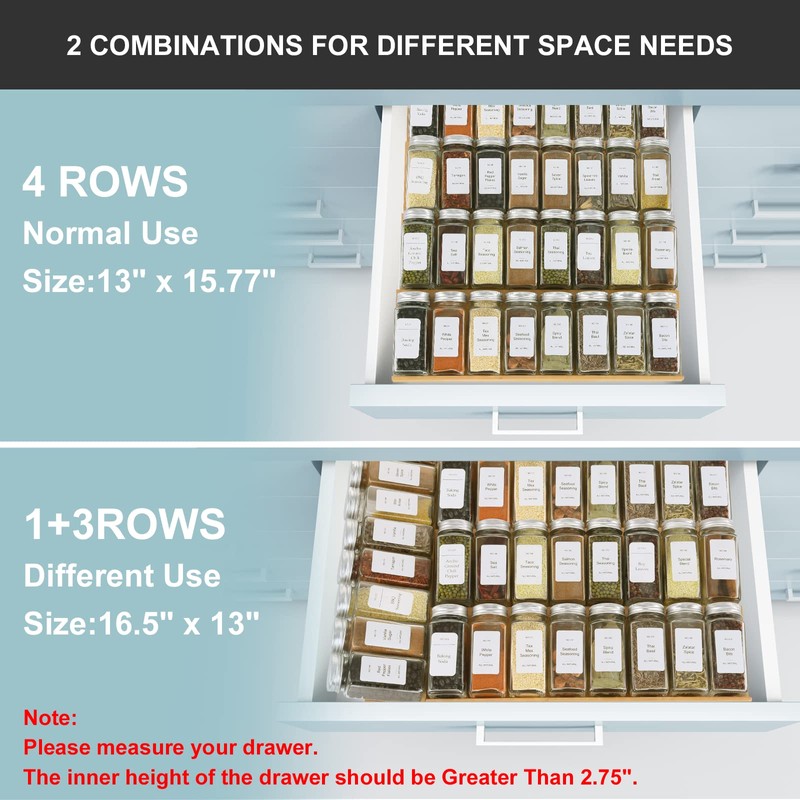 KitHero Spice Drawer Organizer with 24 Spice Jars and 216