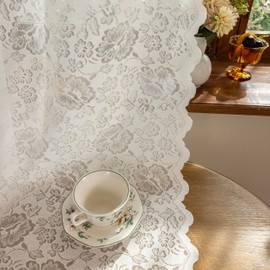 Luyicozy Scalloped Floral Lace Curtains 84 Inches Long Vintage Semi Sheer Curtains Ivory Window Drapes for Living Room Bedroom, Grommet Top 2 Panels, 52 x 84 Inches