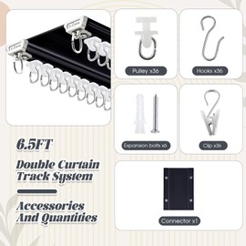 Juexica Ceiling Curtain Double Track Set 3ft-6.5ft/2 Meter Black Heavy Duty Ceiling Track Room Divider Curtain Double Track Adjustable Length Curtain Rails with Clips Hooks End Hook