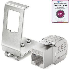 hb-digital 1x CAT 8 Keystone Module RJ45 Socket STP 40 Gbit/s - Tool-Free LSA - with 1x 1-Port 35 mm DIN Rail Metal DIN Rail Adapter Keystone Holder Ethernet LAN Network Switch