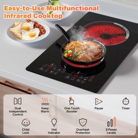 GRACEALL 2 Burner Electric Stove 12 inch Hot Plate for Cooking, Built-in Infrared Cooktop, 120V Ceramic Hotplate Plug in Infrared Cooker, Countertop and Built-in Compatible